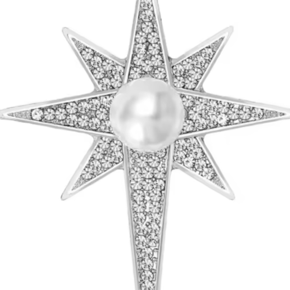 Silver Starburst Pearl Crystal Brooch View 2